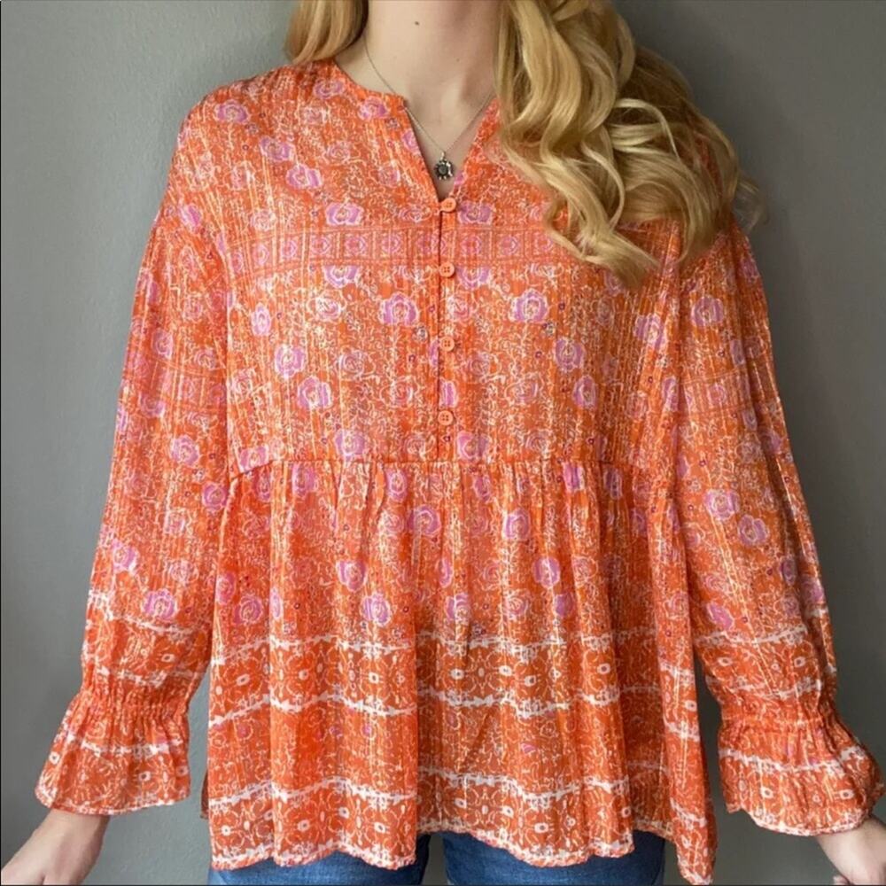 RD & Koko Orange Floral Sheer Long Sleeve Bohemian Blouse Sz Large